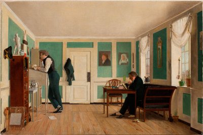 Interieur van Amaliegade. Kapitein Carl Ludvig Bendz staand en Dr. Jacob Christian Bendz zittend door Wilhelm Bendz